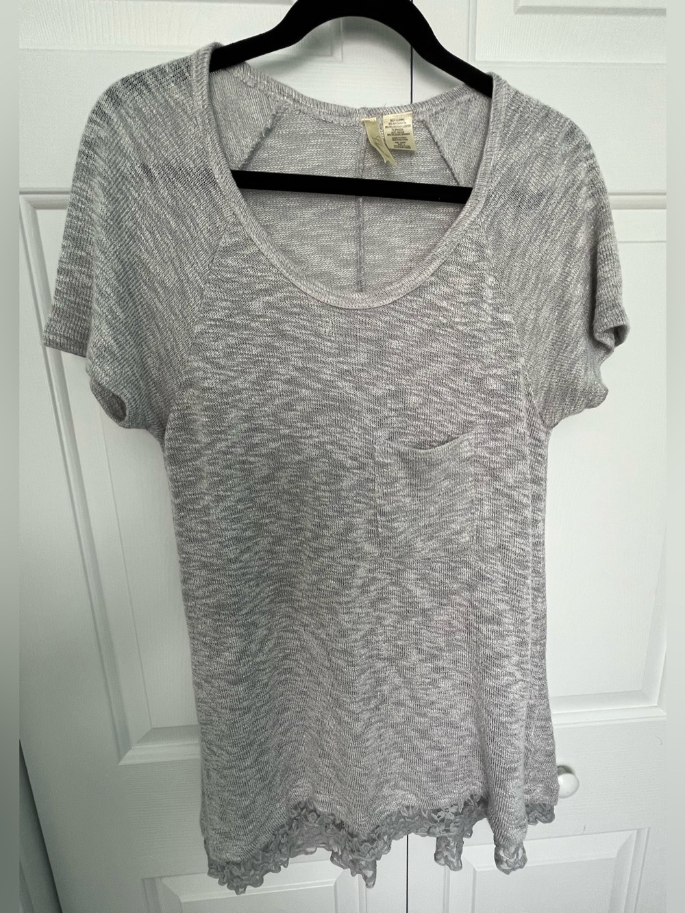 Chenault Light Gray Short Sleeve Pocket Tee with Lace Hem